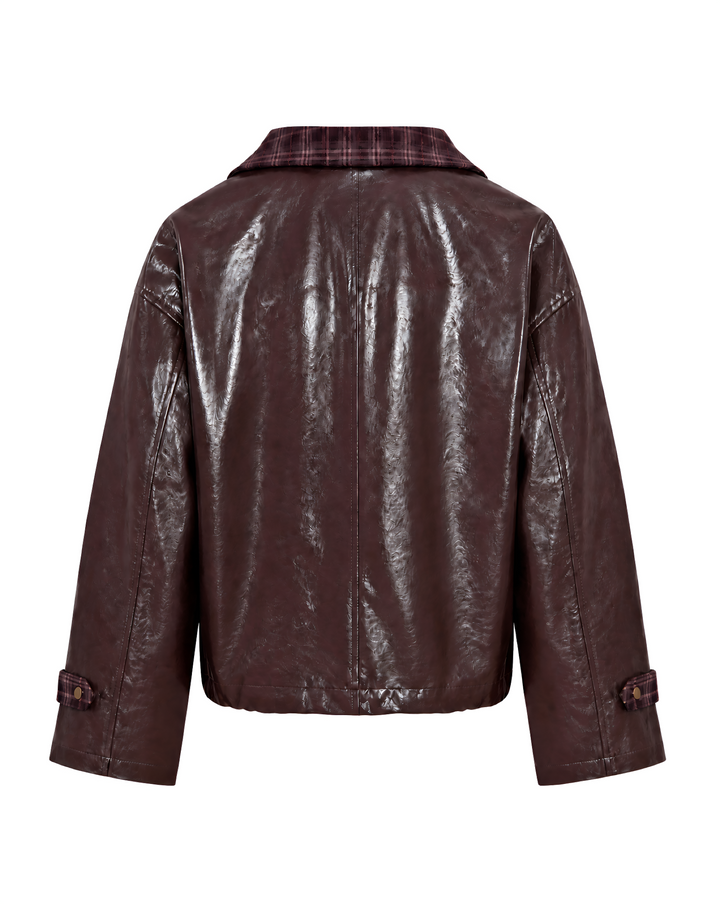 Damen Kunstlederjacke | Lässige Jacke mit Karokragen, Reißverschluss und Pattentaschen