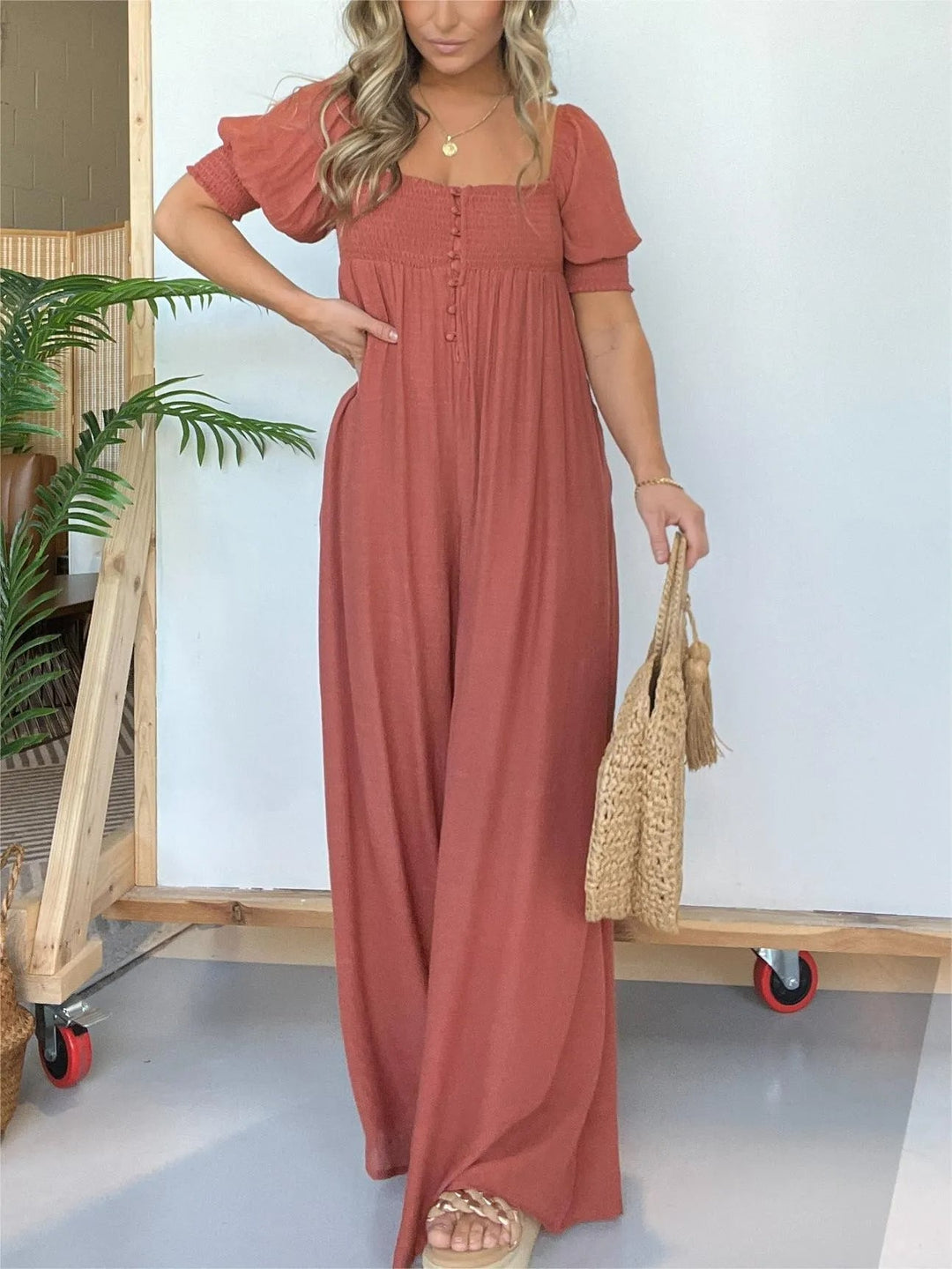 Damen Jumpsuit mit quadratischem Ausschnitt | gesmocktes Oberteil &amp; Taschen | locker-lässig, Coco-Muster | ideal für Sommer &amp; Urlaub