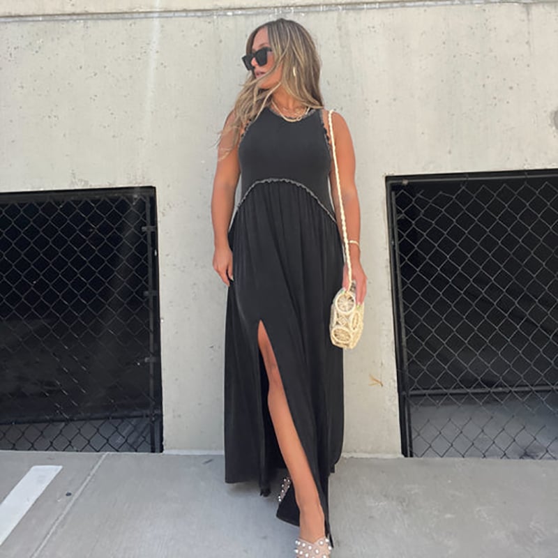 Damen Maxikleid mit Schlitz | luftiges Sommer Tankkleid mit Empire-Taille | Stufenrock &amp; Spitzensaum | locker fallend