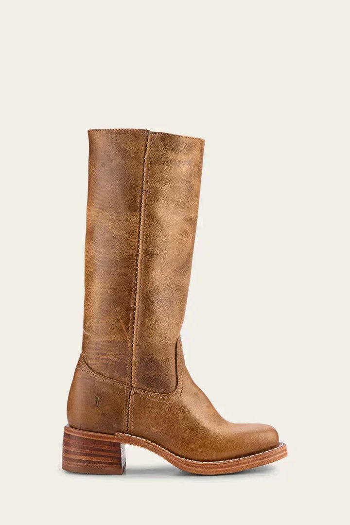 Damen Lederstiefel Westernstil | Kniehohe Stiefel aus Vollnarbenleder mit Blockabsatz und Ledersohle für Alltag und Events