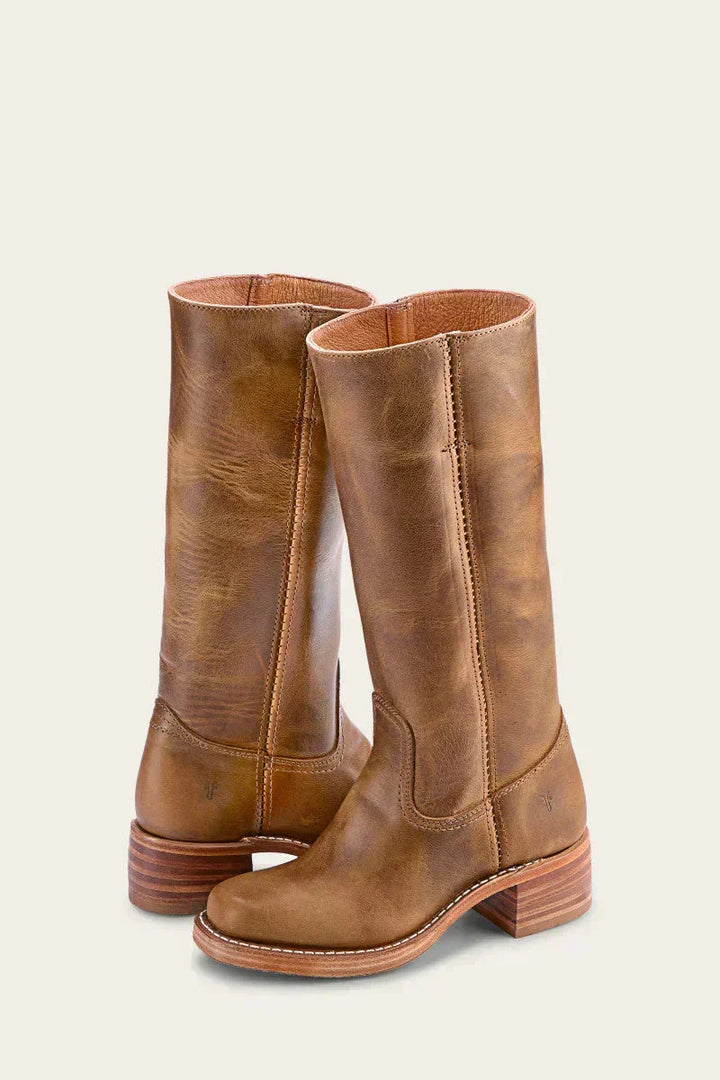 Damen Lederstiefel Westernstil | Kniehohe Stiefel aus Vollnarbenleder mit Blockabsatz und Ledersohle für Alltag und Events
