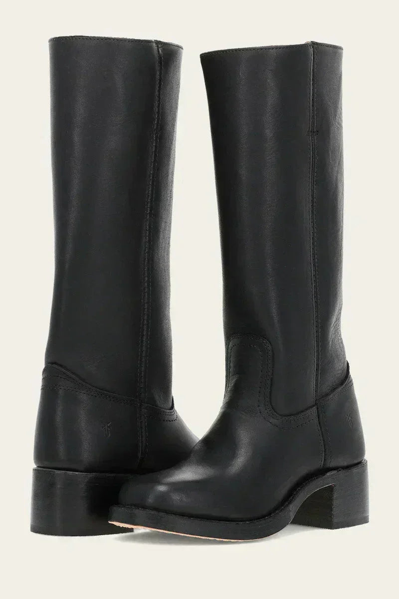Damen Lederstiefel Westernstil | Kniehohe Stiefel aus Vollnarbenleder mit Blockabsatz und Ledersohle für Alltag und Events