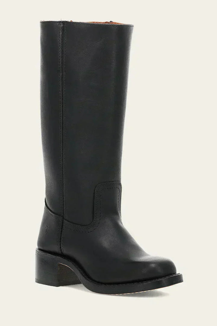 Damen Lederstiefel Westernstil | Kniehohe Stiefel aus Vollnarbenleder mit Blockabsatz und Ledersohle für Alltag und Events
