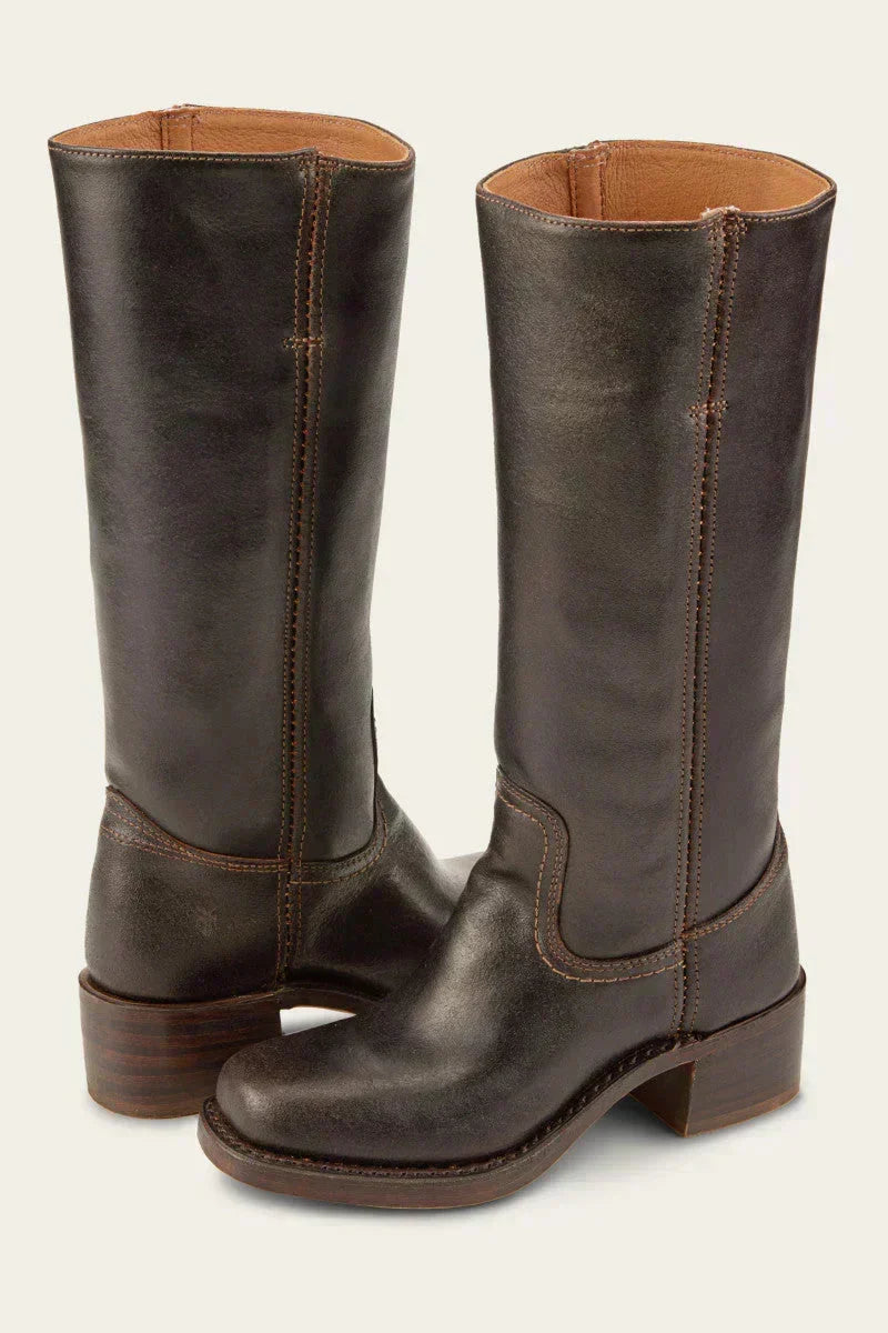 Damen Lederstiefel Westernstil | Kniehohe Stiefel aus Vollnarbenleder mit Blockabsatz und Ledersohle für Alltag und Events