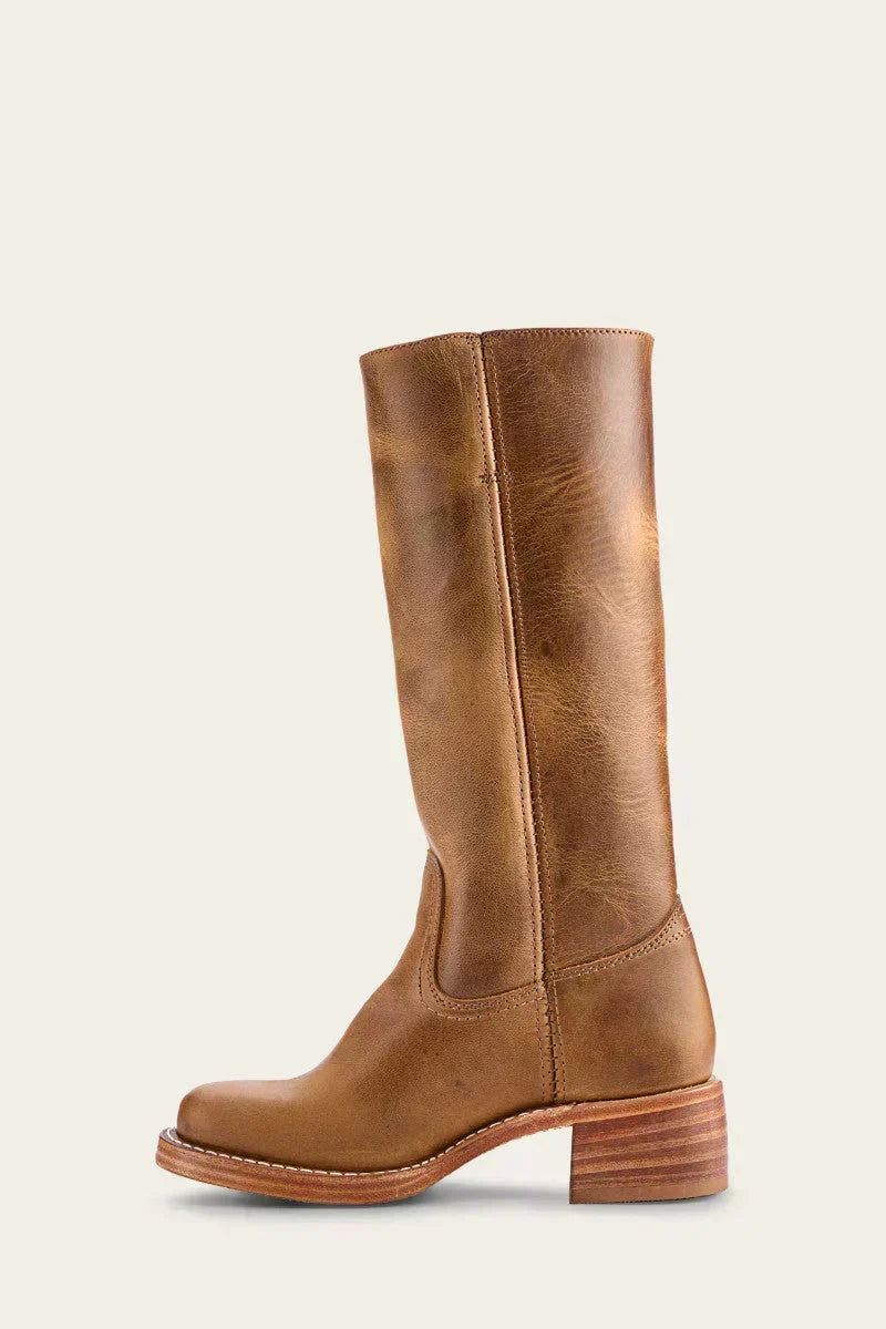 Damen Lederstiefel Westernstil | Kniehohe Stiefel aus Vollnarbenleder mit Blockabsatz und Ledersohle für Alltag und Events