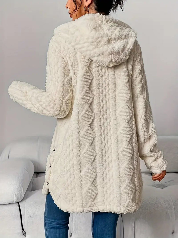 Damen Oversize Cardigan lang mit Kapuze | Warme Fleece-Strickjacke mit Knöpfen und Rautenstruktur für Herbst und Winter