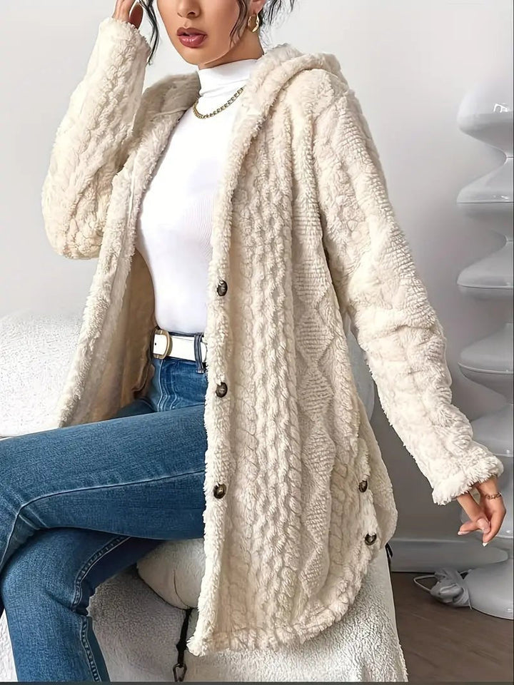 Damen Oversize Cardigan lang mit Kapuze | Warme Fleece-Strickjacke mit Knöpfen und Rautenstruktur für Herbst und Winter