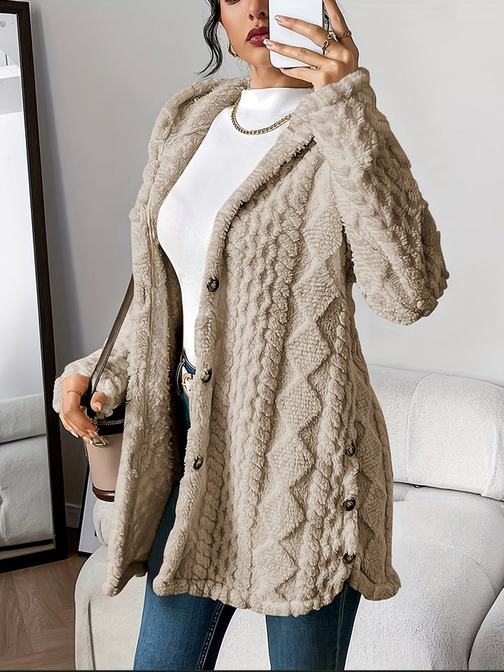 Damen Oversize Cardigan lang mit Kapuze | Warme Fleece-Strickjacke mit Knöpfen und Rautenstruktur für Herbst und Winter