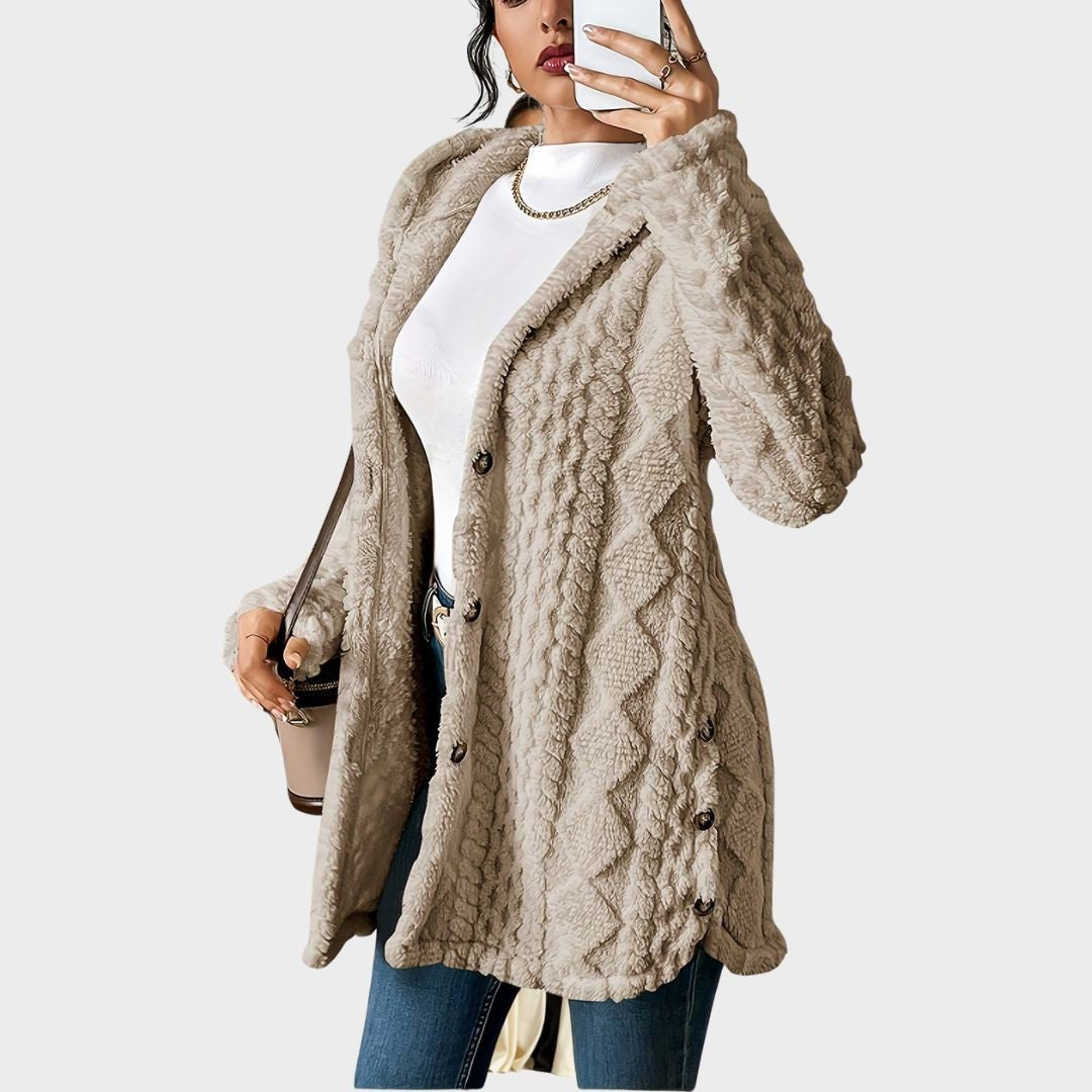 Damen Oversize Cardigan lang mit Kapuze | Warme Fleece-Strickjacke mit Knöpfen und Rautenstruktur für Herbst und Winter