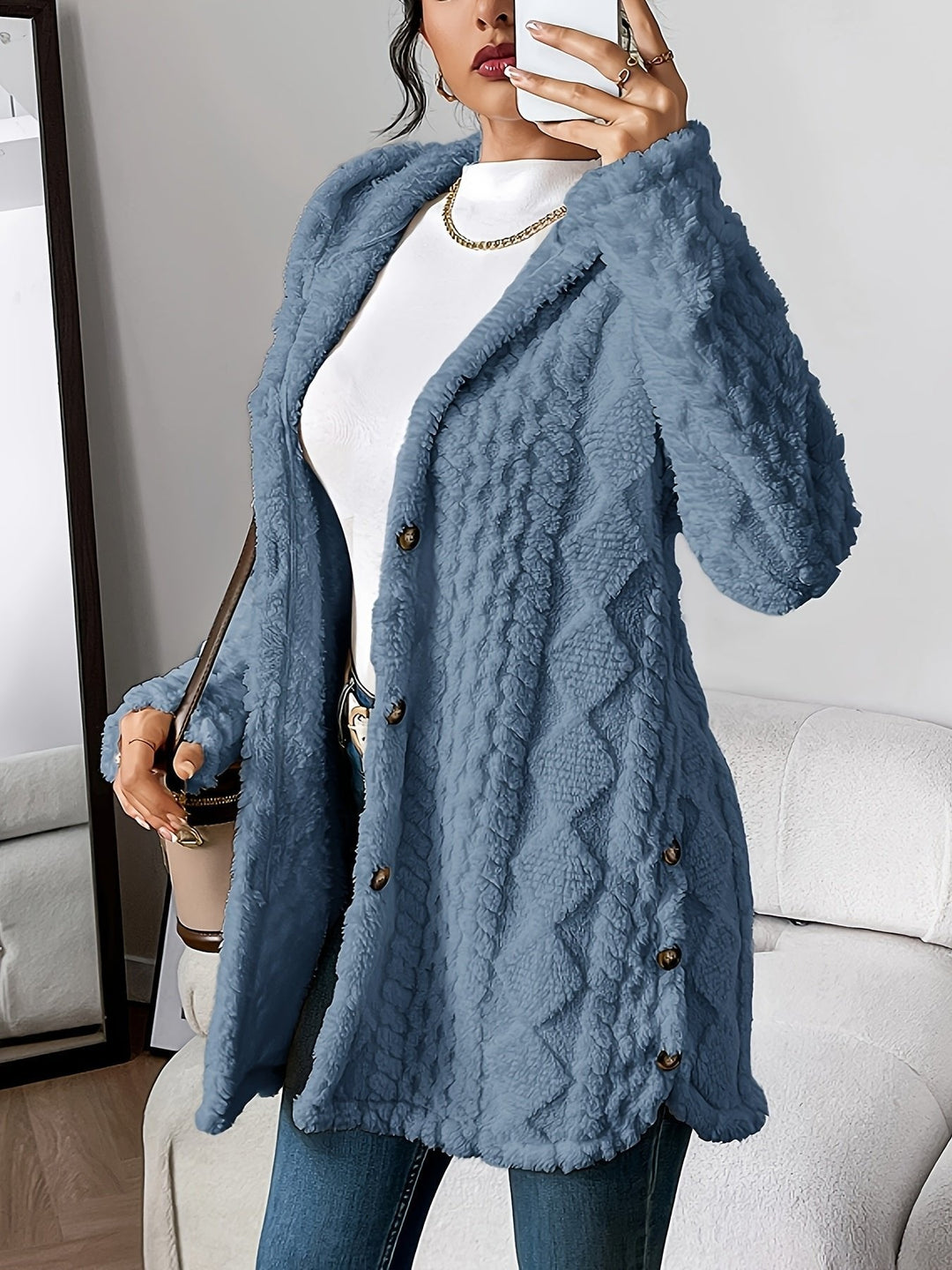 Damen Oversize Cardigan lang mit Kapuze | Warme Fleece-Strickjacke mit Knöpfen und Rautenstruktur für Herbst und Winter