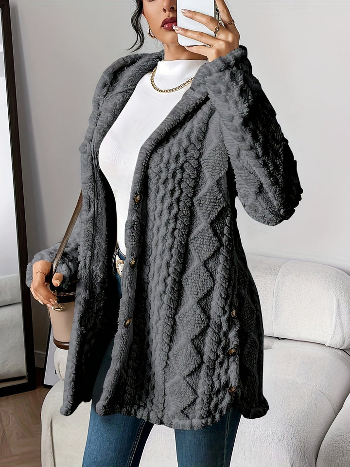Damen Oversize Cardigan lang mit Kapuze | Warme Fleece-Strickjacke mit Knöpfen und Rautenstruktur für Herbst und Winter