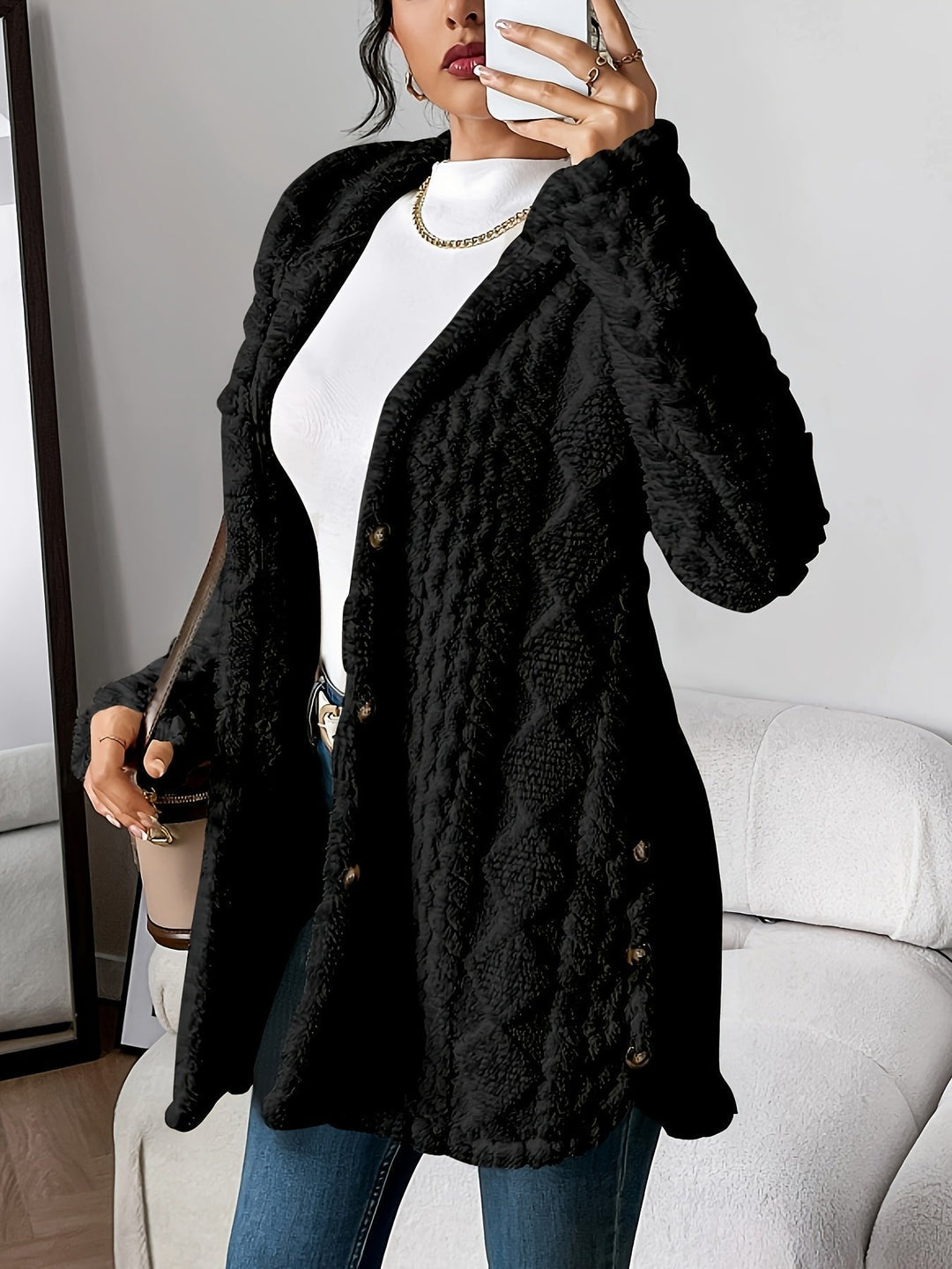 Damen Oversize Cardigan lang mit Kapuze | Warme Fleece-Strickjacke mit Knöpfen und Rautenstruktur für Herbst und Winter