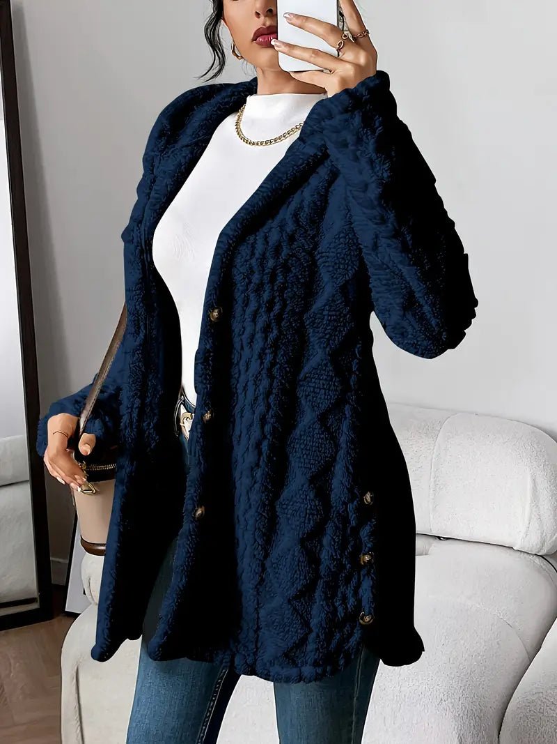 Damen Oversize Cardigan lang mit Kapuze | Warme Fleece-Strickjacke mit Knöpfen und Rautenstruktur für Herbst und Winter