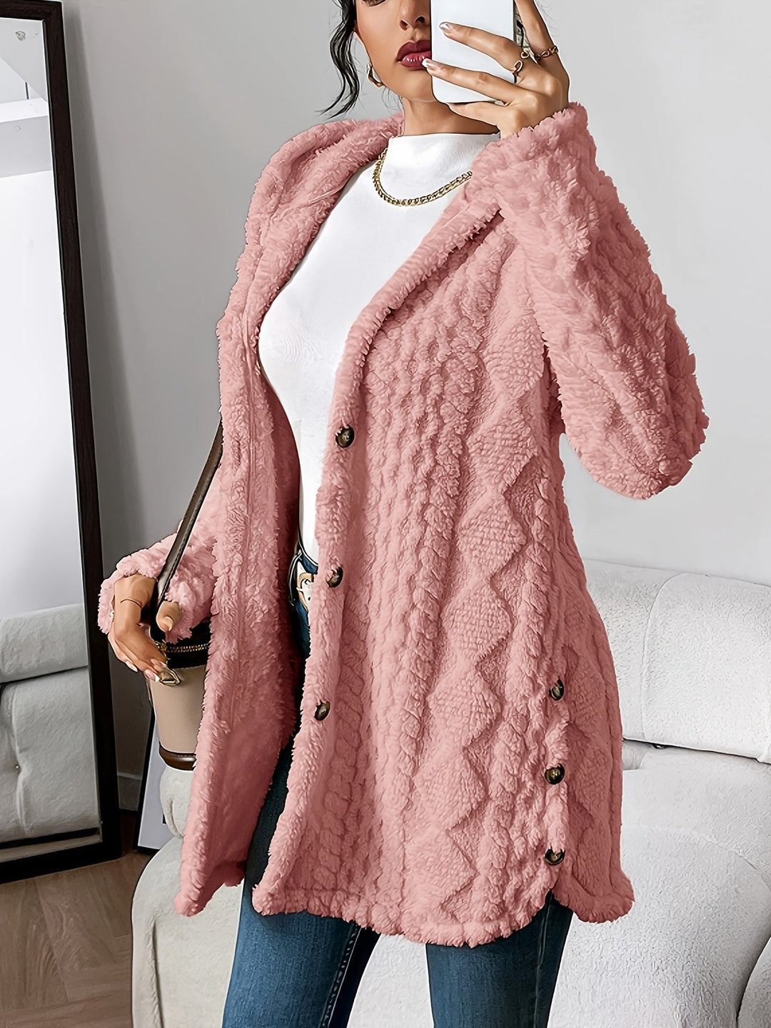 Damen Oversize Cardigan lang mit Kapuze | Warme Fleece-Strickjacke mit Knöpfen und Rautenstruktur für Herbst und Winter