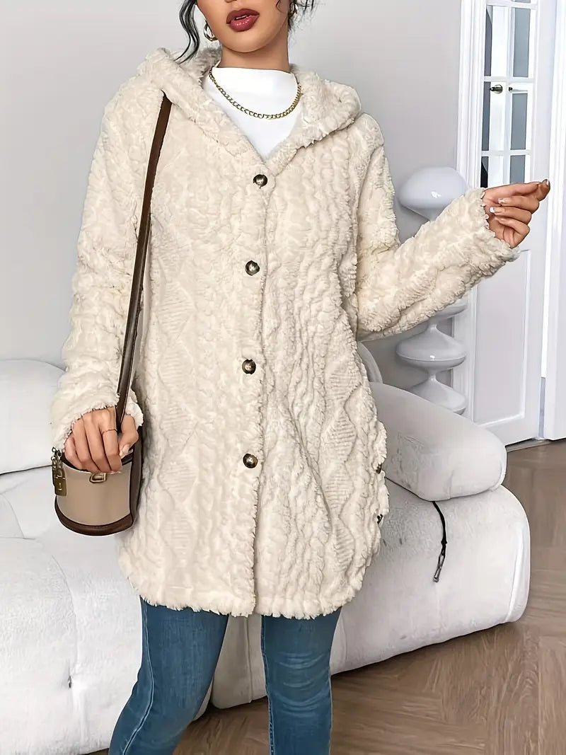 Damen Oversize Cardigan lang mit Kapuze | Warme Fleece-Strickjacke mit Knöpfen und Rautenstruktur für Herbst und Winter