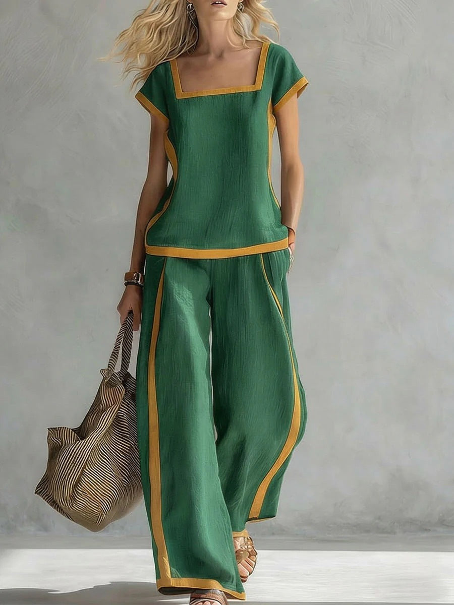 Damen Zweiteiler Set | Casual Outfit mit Karree-Ausschnitt und lockerer Hose für Alltag und Freizeit