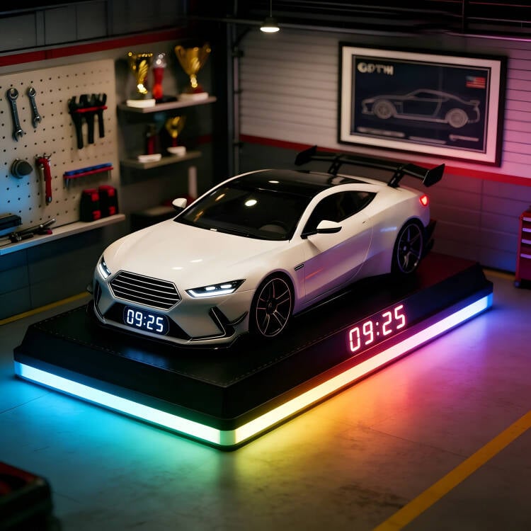 Auto-herätyskello hyperauton muotoilulla | Moottorin käynnistysääni &amp; LED-näyttö | Liekkien/sumun tehoste esitysmomentteihin | Koriste &amp; hälytys