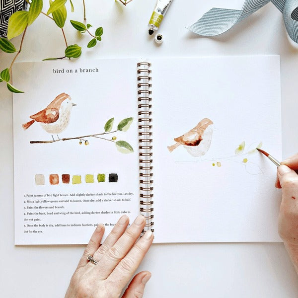 Cahier de travail aquarelle pour débutants | 12 motifs avec guide étape par étape | Papier 120 lb, 6,5"×9", mélange et peinture