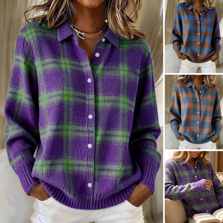 Damen Cardigan | Karomuster mit Knopfleiste &amp; Hemdkragen für Herbst und Winter