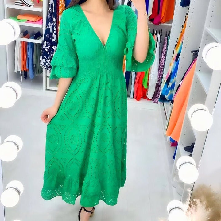 Sommerkleid aus Leinen mit elastischem Ausschnitt | Luftiges Lasercut-Design, bequemer Sitz | Freizeit &amp; Alltag | Größen S–4XL