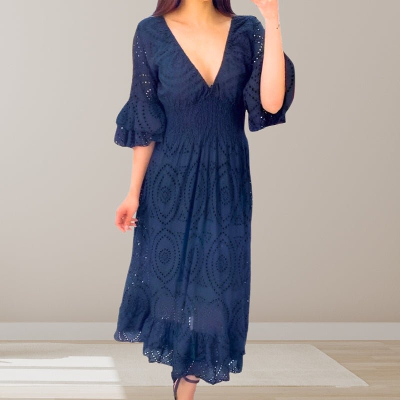 Sommerkleid aus Leinen mit elastischem Ausschnitt | Luftiges Lasercut-Design, bequemer Sitz | Freizeit &amp; Alltag | Größen S–4XL