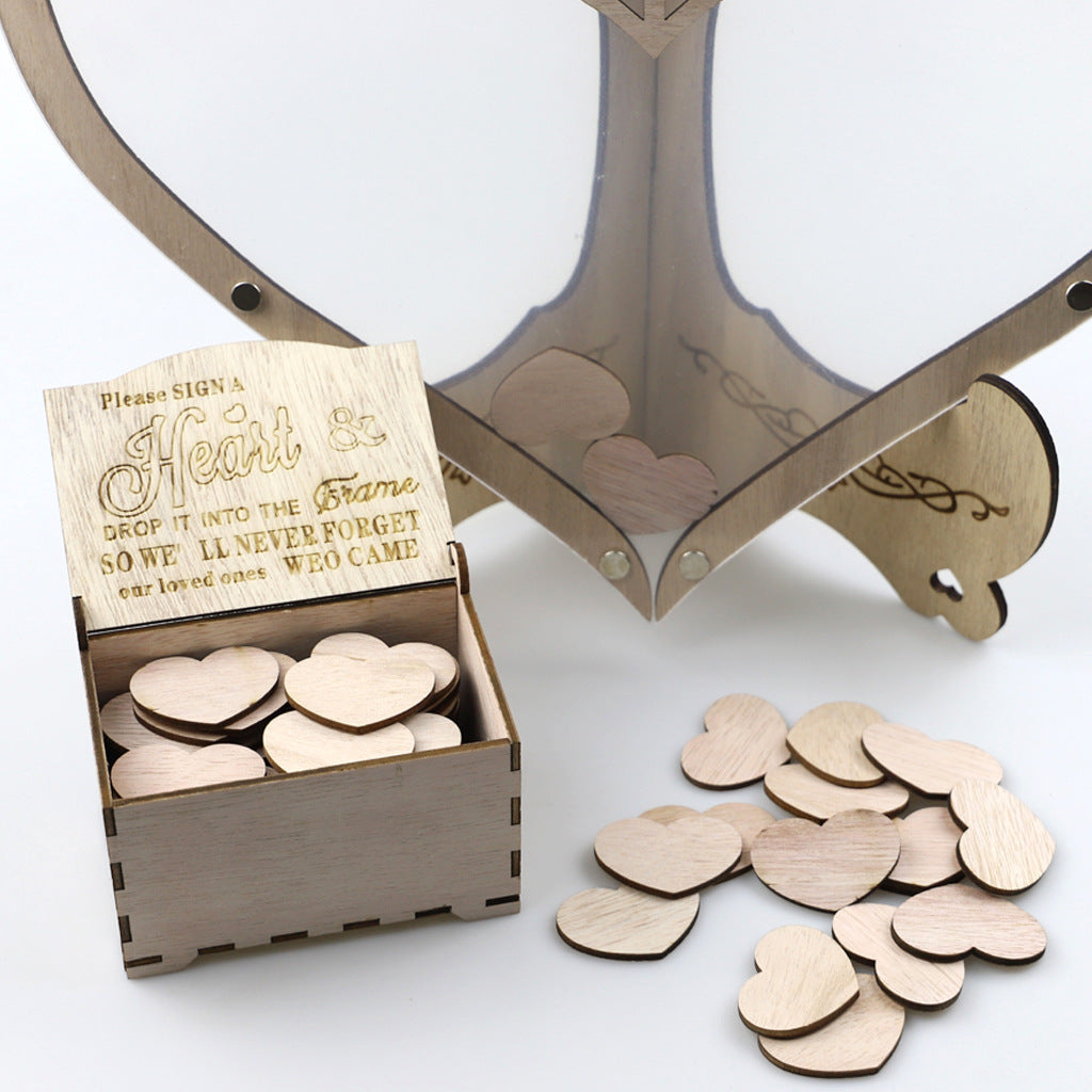 Libro degli ospiti per matrimoni a forma di cuore con cornice | decorazione ricordo con circa 80 cuori in legno | include supporto | 32×38×16 cm