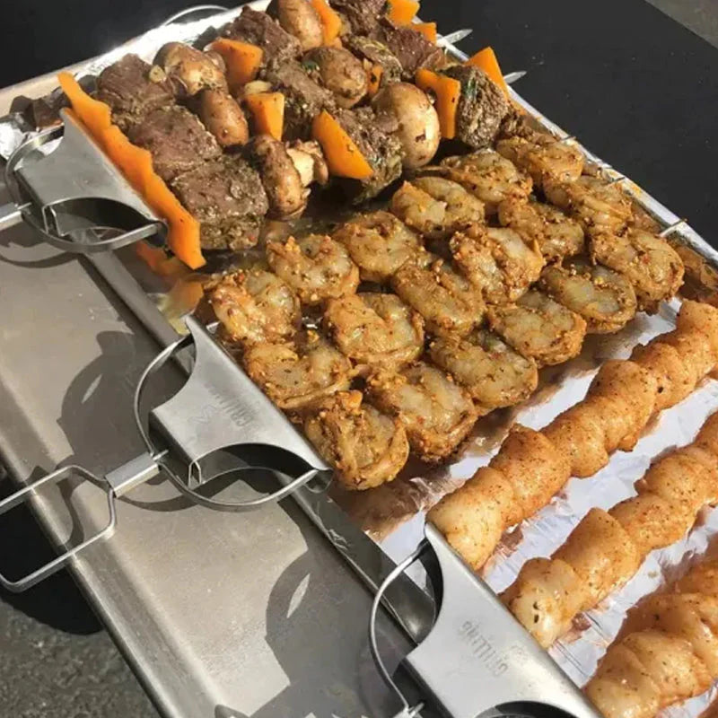 Edelstahl Grillspieße mit 9 Zinken – BlazeTrio für gleichmäßiges Garen von Fleisch, Fisch &amp; Gemüse | Spülmaschinenfest | inkl. Oxford-Tasche