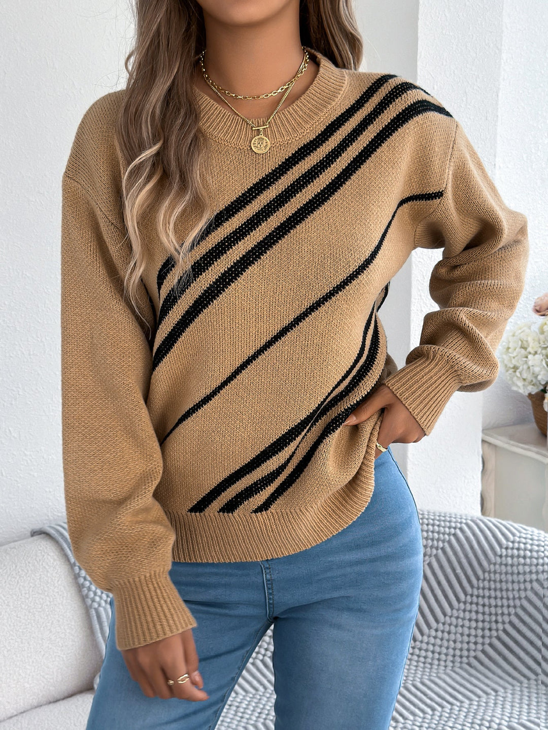 Damen Strickpullover mit Streifenmuster | Lässiger Pullover mit Rundhalsausschnitt, langen Ballonärmeln und bequemer Passform