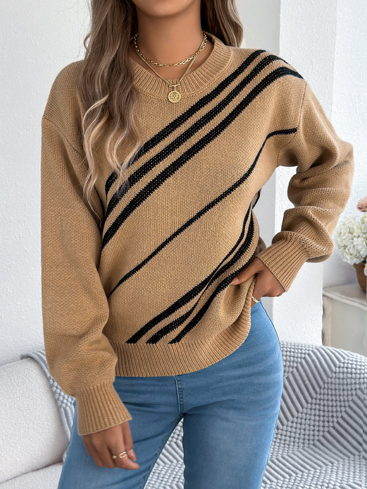 Damen Strickpullover mit Streifenmuster | Lässiger Pullover mit Rundhalsausschnitt, langen Ballonärmeln und bequemer Passform