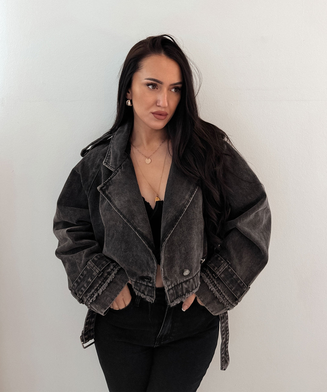 Damen Jeansjacke | Kurz geschnittene Trenchjacke aus 100% Baumwolle mit elastischem Bund