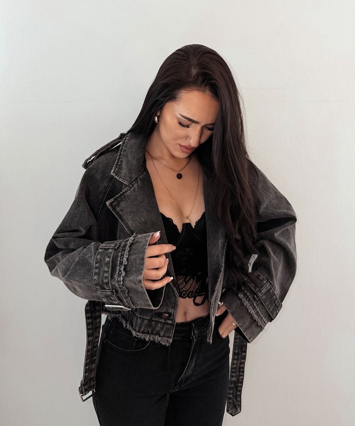 Damen Jeansjacke | Kurz geschnittene Trenchjacke aus 100% Baumwolle mit elastischem Bund