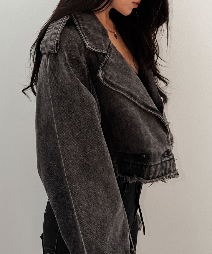 Damen Jeansjacke | Kurz geschnittene Trenchjacke aus 100% Baumwolle mit elastischem Bund