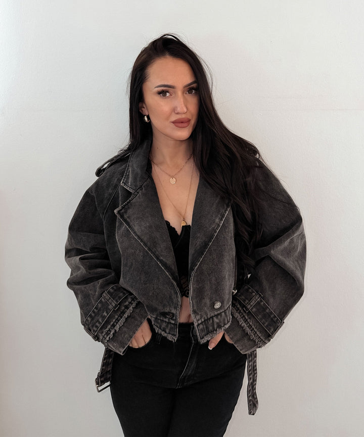 Damen Jeansjacke | Kurz geschnittene Trenchjacke aus 100% Baumwolle mit elastischem Bund