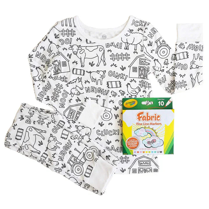 Children’s coloring pajama | Includes washable markers | Soft, breathable cotton | Reusable for ages 3–10