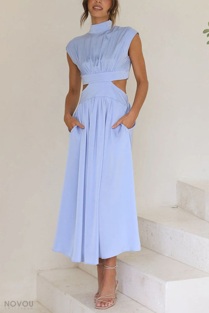 Knielanges Damenkleid mit hoher Taille &amp; fließendem Rock | Stehkragen &amp; Kurzarm | Stretch-Komfort, atmungsaktiv | S–XL