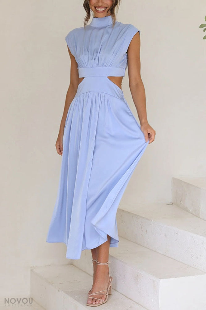 Knielanges Damenkleid mit hoher Taille &amp; fließendem Rock | Stehkragen &amp; Kurzarm | Stretch-Komfort, atmungsaktiv | S–XL