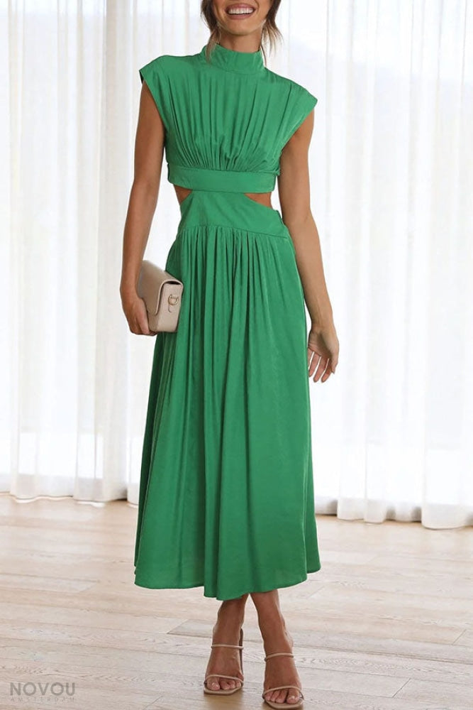 Knielanges Damenkleid mit hoher Taille &amp; fließendem Rock | Stehkragen &amp; Kurzarm | Stretch-Komfort, atmungsaktiv | S–XL