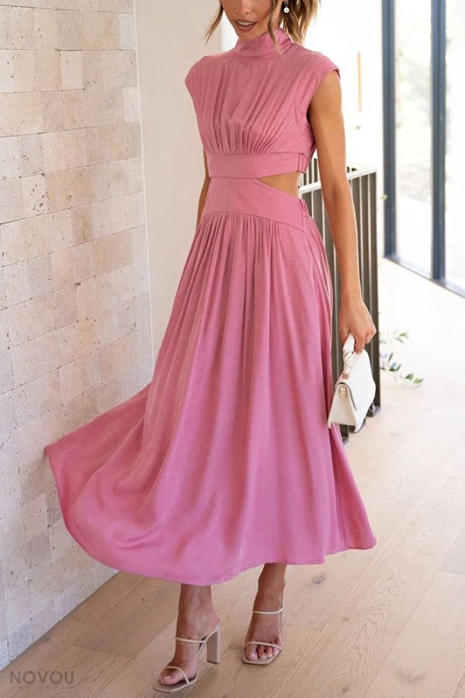 Knielanges Damenkleid mit hoher Taille &amp; fließendem Rock | Stehkragen &amp; Kurzarm | Stretch-Komfort, atmungsaktiv | S–XL