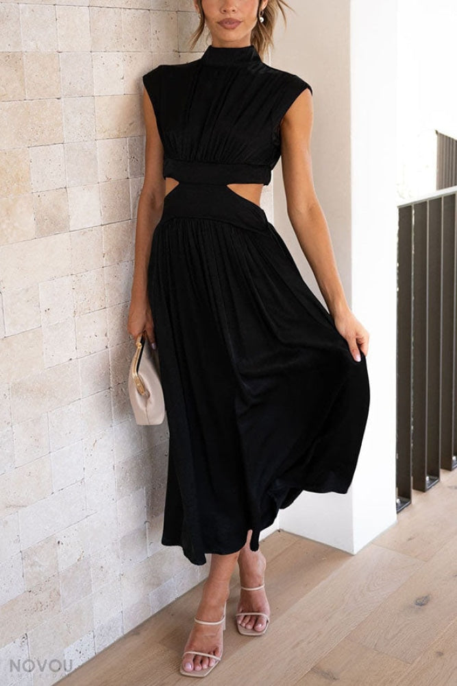Knielanges Damenkleid mit hoher Taille &amp; fließendem Rock | Stehkragen &amp; Kurzarm | Stretch-Komfort, atmungsaktiv | S–XL