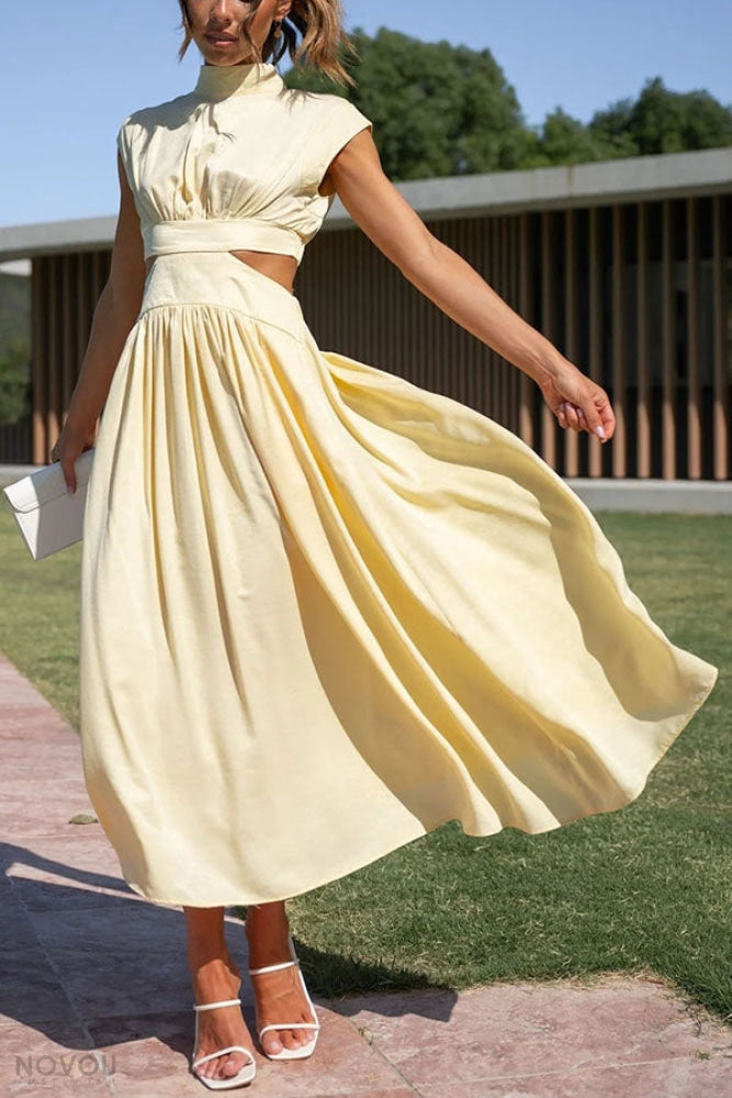 Knielanges Damenkleid mit hoher Taille &amp; fließendem Rock | Stehkragen &amp; Kurzarm | Stretch-Komfort, atmungsaktiv | S–XL