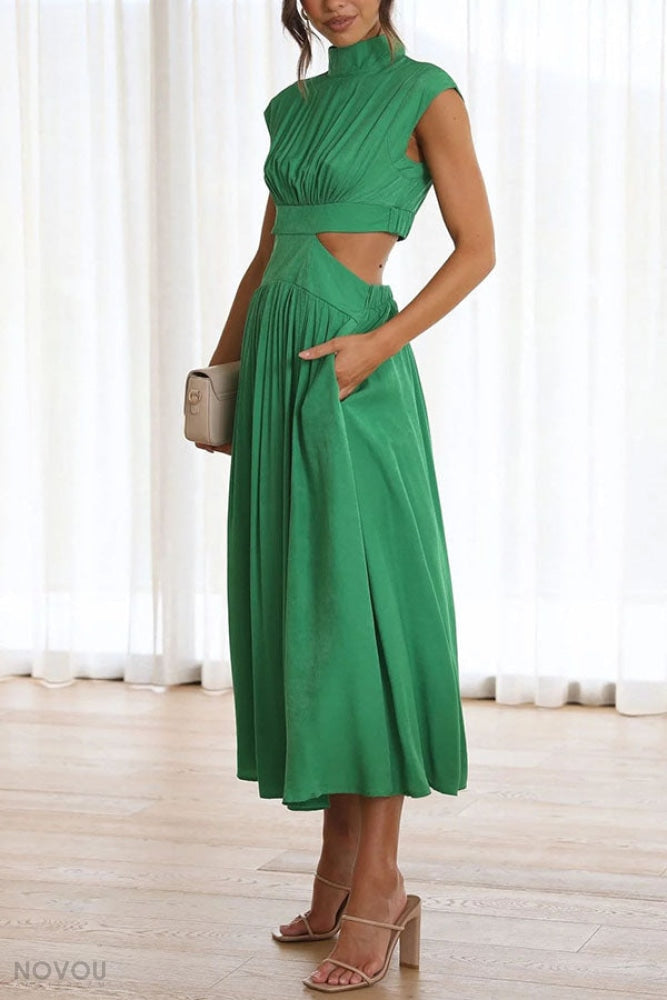 Knielanges Damenkleid mit hoher Taille &amp; fließendem Rock | Stehkragen &amp; Kurzarm | Stretch-Komfort, atmungsaktiv | S–XL