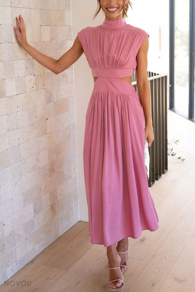 Knielanges Damenkleid mit hoher Taille &amp; fließendem Rock | Stehkragen &amp; Kurzarm | Stretch-Komfort, atmungsaktiv | S–XL