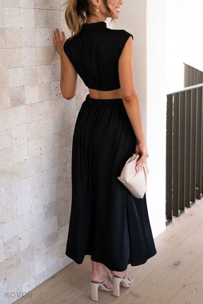 Knielanges Damenkleid mit hoher Taille &amp; fließendem Rock | Stehkragen &amp; Kurzarm | Stretch-Komfort, atmungsaktiv | S–XL