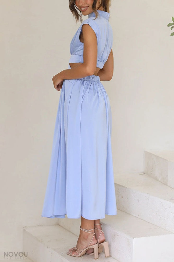 Knielanges Damenkleid mit hoher Taille &amp; fließendem Rock | Stehkragen &amp; Kurzarm | Stretch-Komfort, atmungsaktiv | S–XL