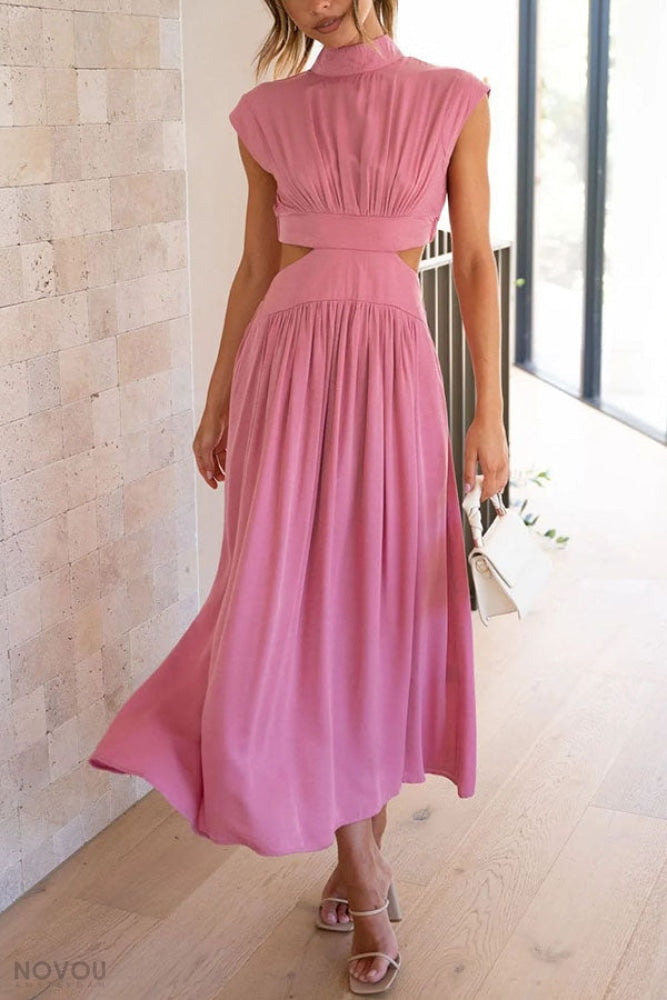 Knielanges Damenkleid mit hoher Taille &amp; fließendem Rock | Stehkragen &amp; Kurzarm | Stretch-Komfort, atmungsaktiv | S–XL