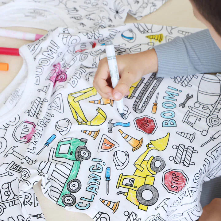 Children’s coloring pajama | Includes washable markers | Soft, breathable cotton | Reusable for ages 3–10
