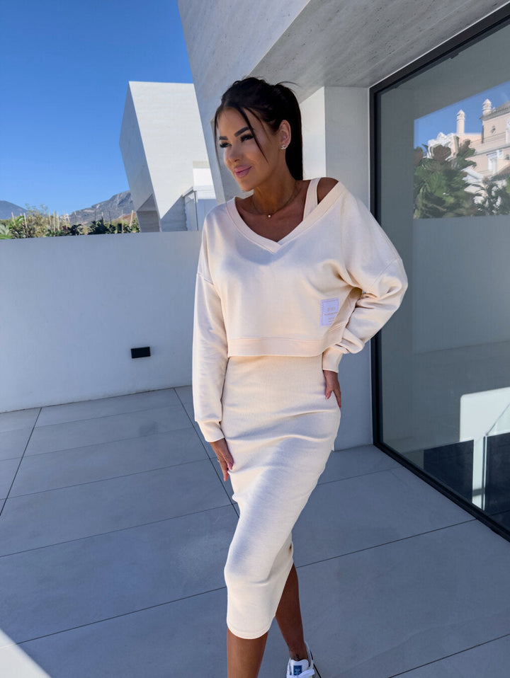 Damen Kleid-Set mit Sweatshirt | Figurbetontes Kleid &amp; lässiges Oberteil | Eleganter Lagenlook für Alltag &amp; Anlass