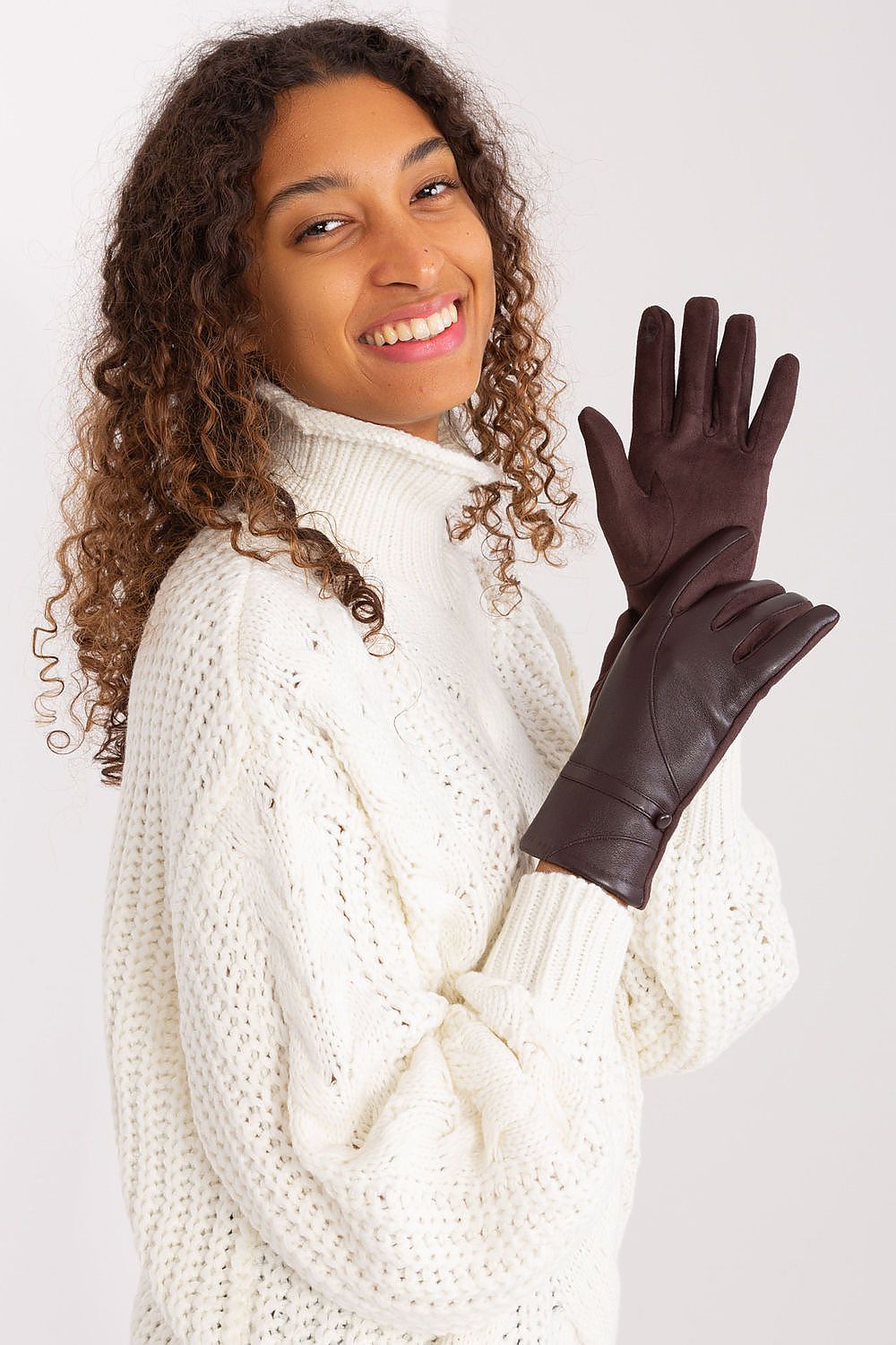 Damen Handschuhe mit Touchscreen-Funktion | Elegante Handschuhe mit Materialmix, Zierknöpfen und Blumenstickerei für Alltag