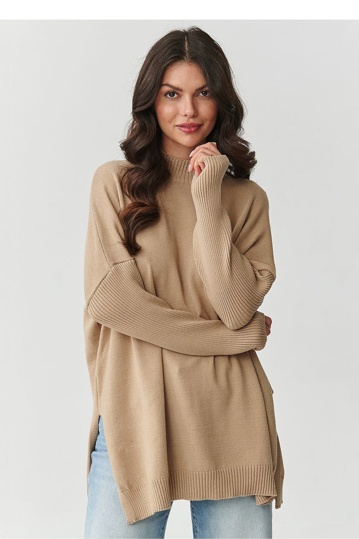 Damen Oversize Rollkragenpullover mit Seitenschlitzen | Weicher Strickpullover in Einheitsgröße mit 74 cm Länge für Alltag
