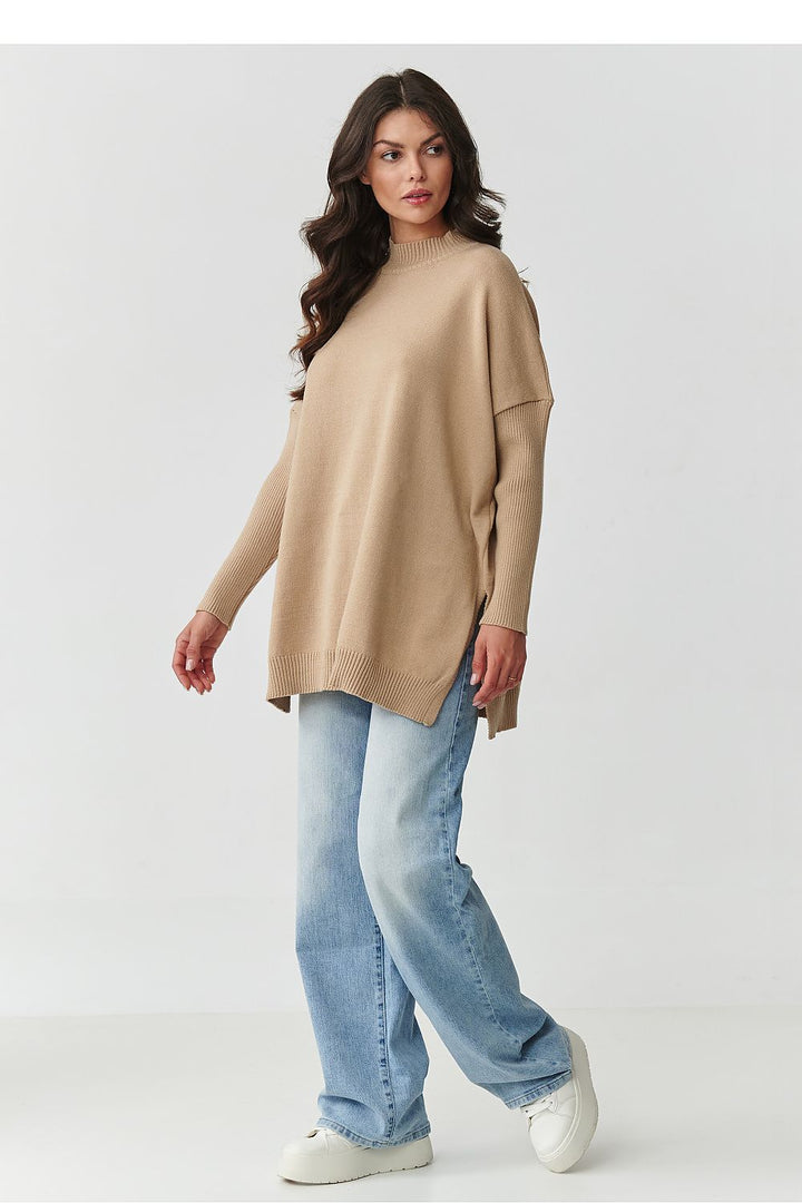 Damen Oversize Rollkragenpullover mit Seitenschlitzen | Weicher Strickpullover in Einheitsgröße mit 74 cm Länge für Alltag